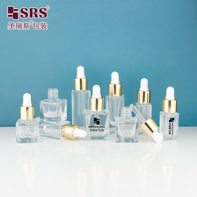 acheter D1229-5ml Bouteille en verre clair carré vide avec bouchon de gouttelette en aluminium métallique d'or brillant vis de type ampoule de silicone blanche pour parfum fabrication en ligne