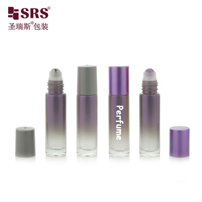 Flacon à bille en verre personnalisé de 10 ml de forme ronde, vide, dégradé fumé violet, avec bille roulante en acier pour huile de parfum cosmétique