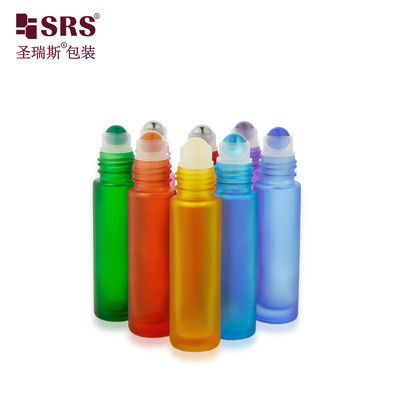 BLPM-10ml personnalisable multicolore paroi épaisse moule glacé vert flacon de verre bouteille à rouleaux pour les cosmétiques et les applications d'huile de parfum avec boule de pierre précieuse